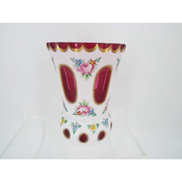 Vintage Bohemian Czech Cased White Overlay Cut to Cranberry Glass Floral Vase 5" - Picture 9 of 10